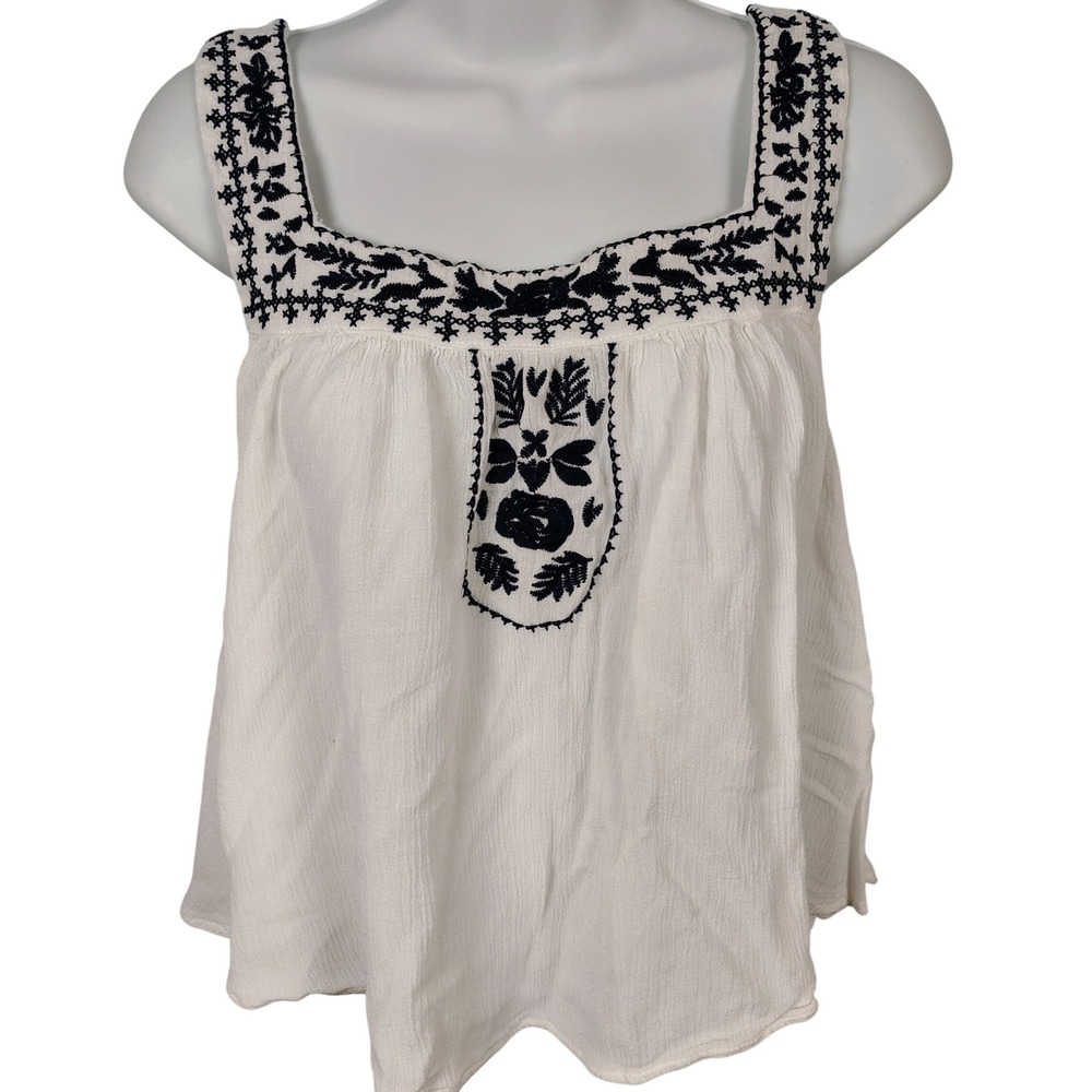 Acemi White Embroidered Boho Tank Top Square Neck Rayon Gauze Blouse Womens M